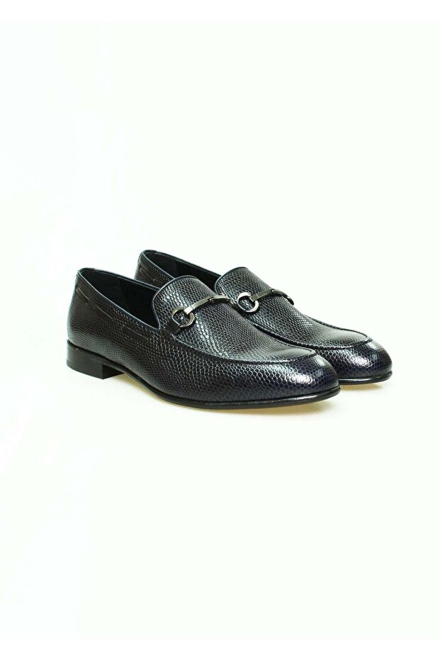 Dark Blue Color Laceless Genuine Leather Men's Shoes