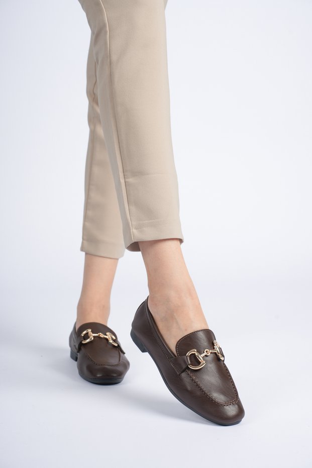 Brown Women's Gold Metal Buckle Flat Sole Leather Look Loafer Ballet Flats Stylish Daily and Office Shoes