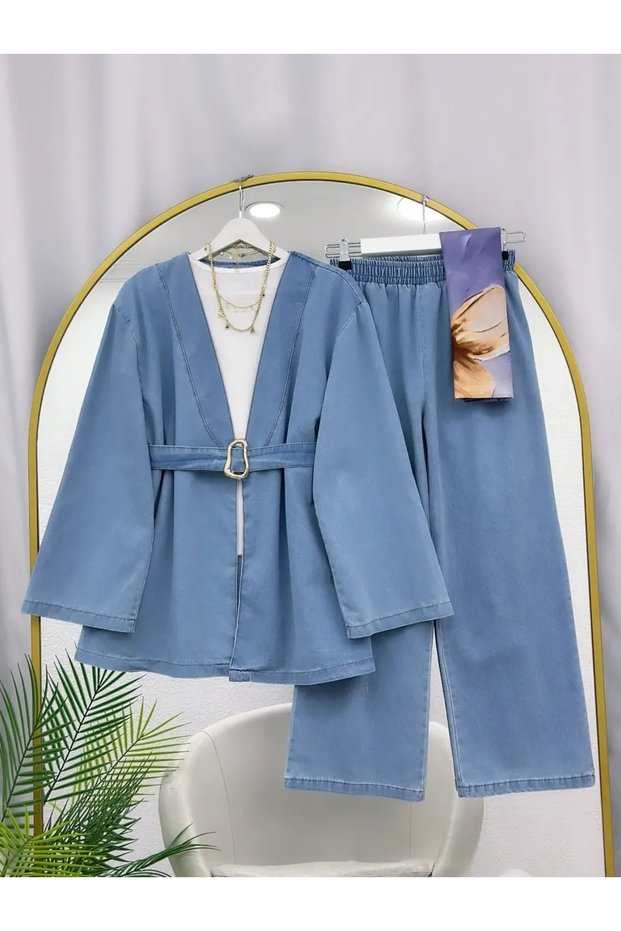 Women's Belt Detailed Kimono Trouser Jeans Set -0750
