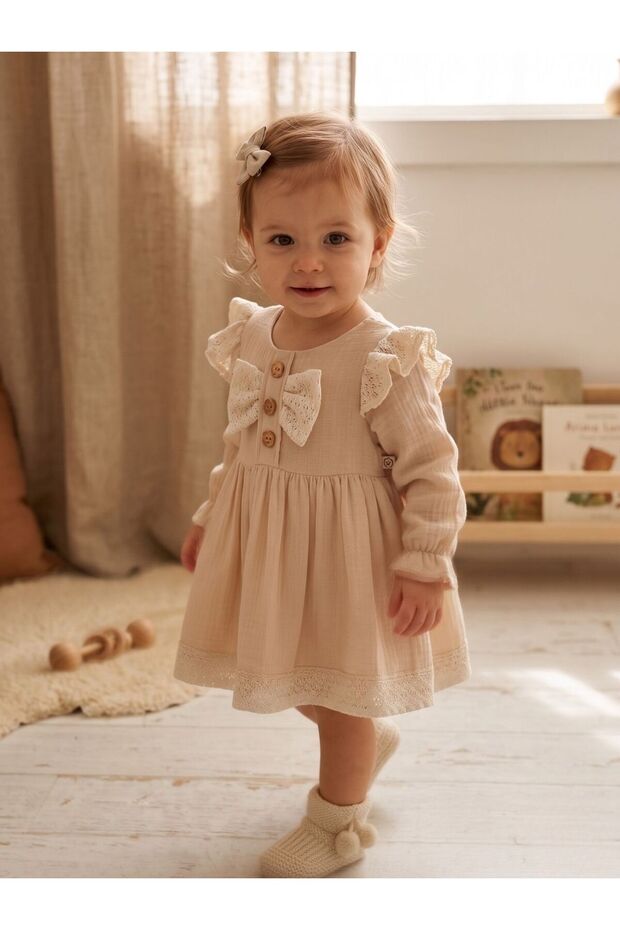Muslin Textured Lace Embroidered Baby Dress with Bow Detail