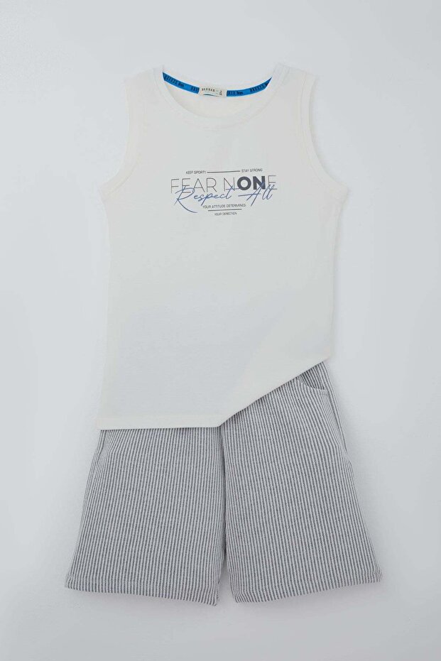 Boy's Shorts Set, Sleeveless, Letter Printed Shorts, Striped, 8-14 Years, Ecru