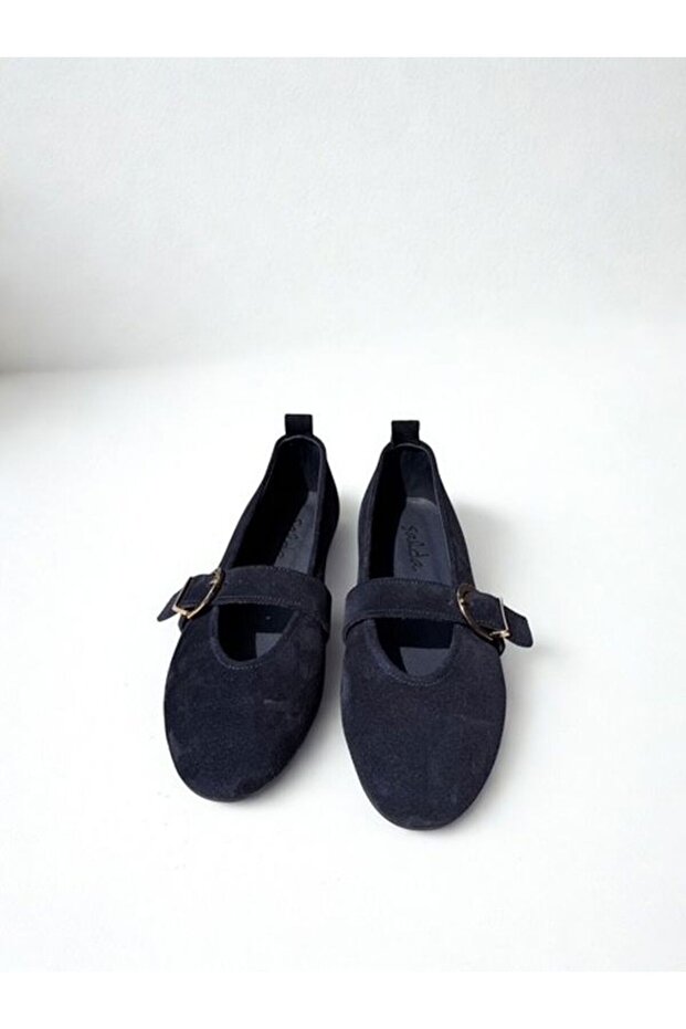 Genuine Leather Navy Blue Suede Single Buckle Mary Jane Ballet Flats for Women
