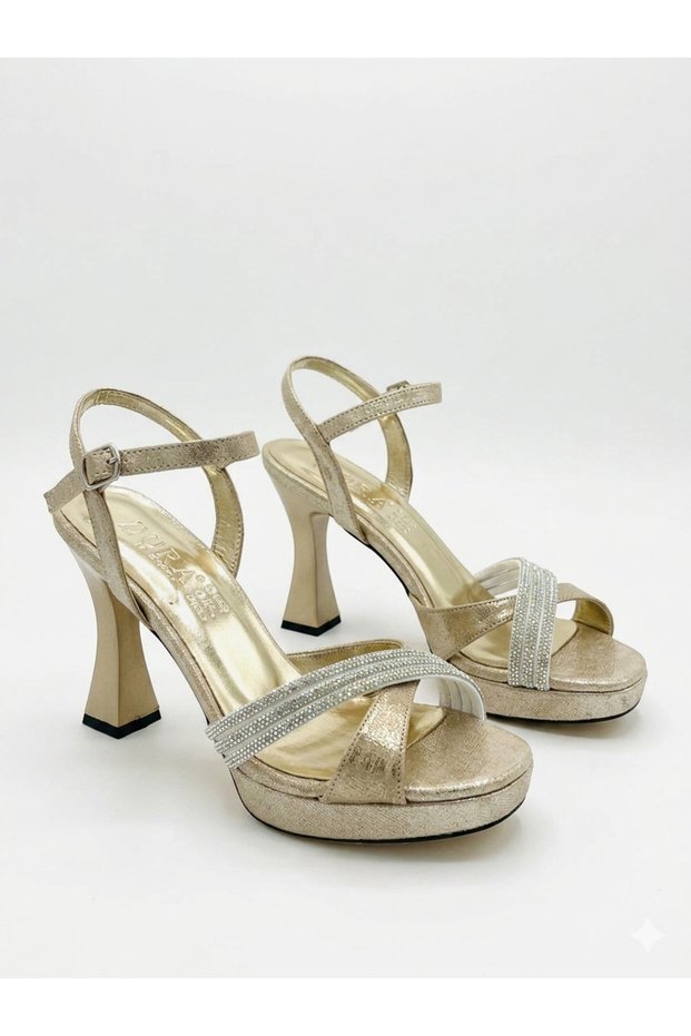 Lucy Gold Gold Stone Cross Strap Ankle Strap Platform Heels 10 cm Evening Dress Women's Heeled Shoes