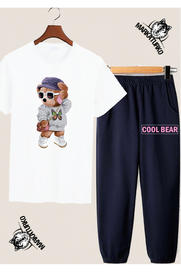 Cool Bear Girl Special Design White T-Shirt-Dark Blue Sweatpants Combination