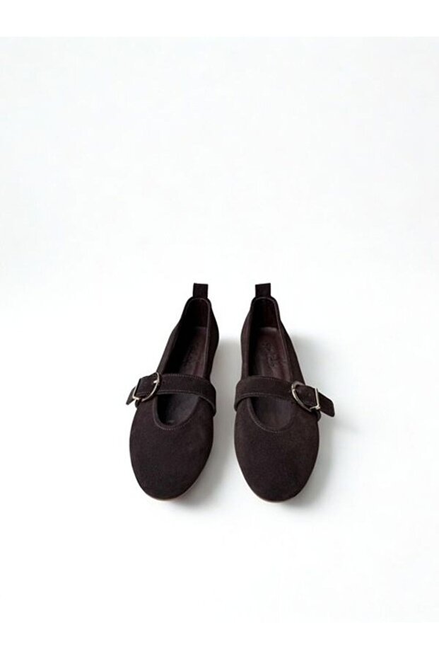 Genuine Leather Brown Suede Single Buckle Mary Jane Ballet Flats for Women