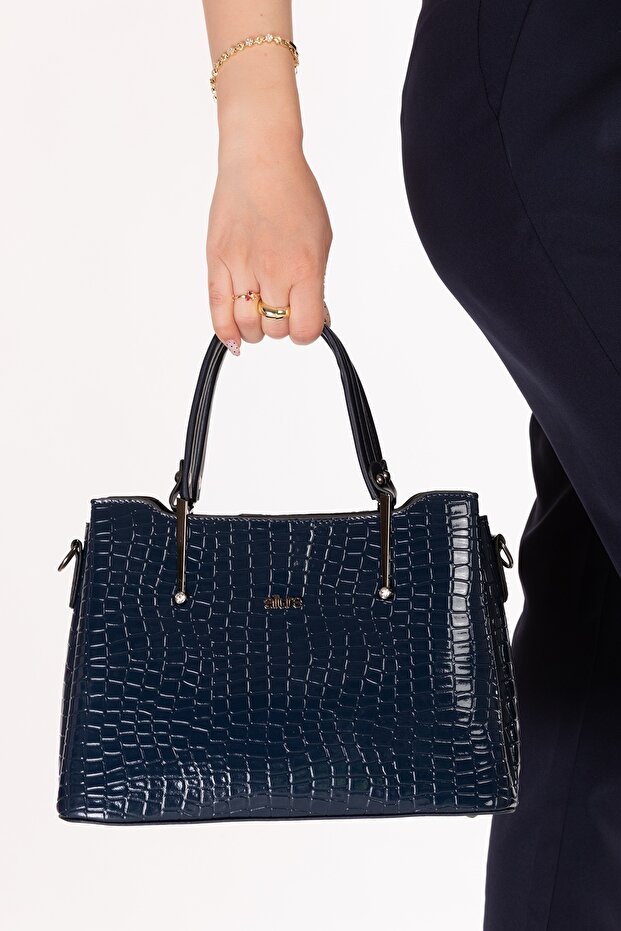 Women's Double Compartment Hand and Shoulder Bag Ald.3876 Navy Blue Croco