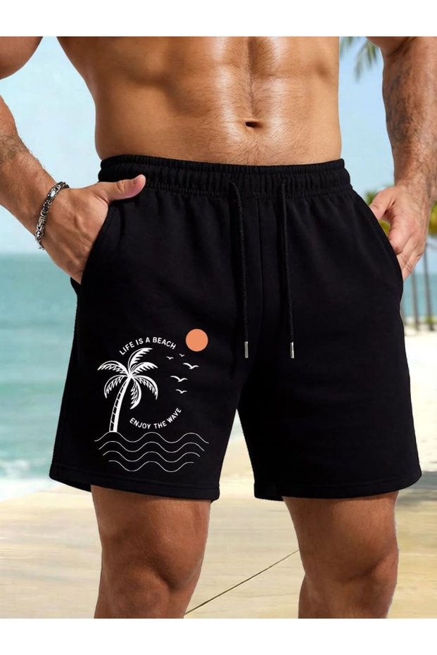 Calle Black Shorts Printed Comfortable Fit Elastic Waist Daily Sports Summer Wear