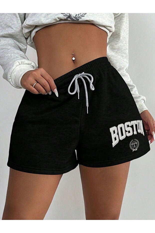 Hanangiyim Black Shorts Printed Comfortable Fit Elastic Waist Daily Sports Summer