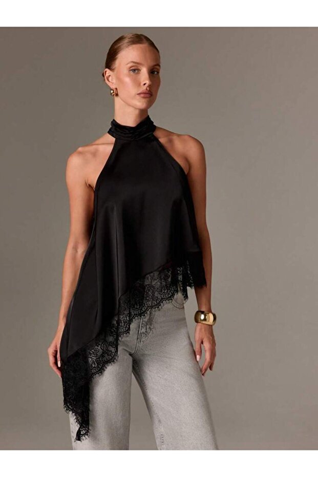 Special Design Asymmetrical Cut Lace Satin Fabric Backless Blouse