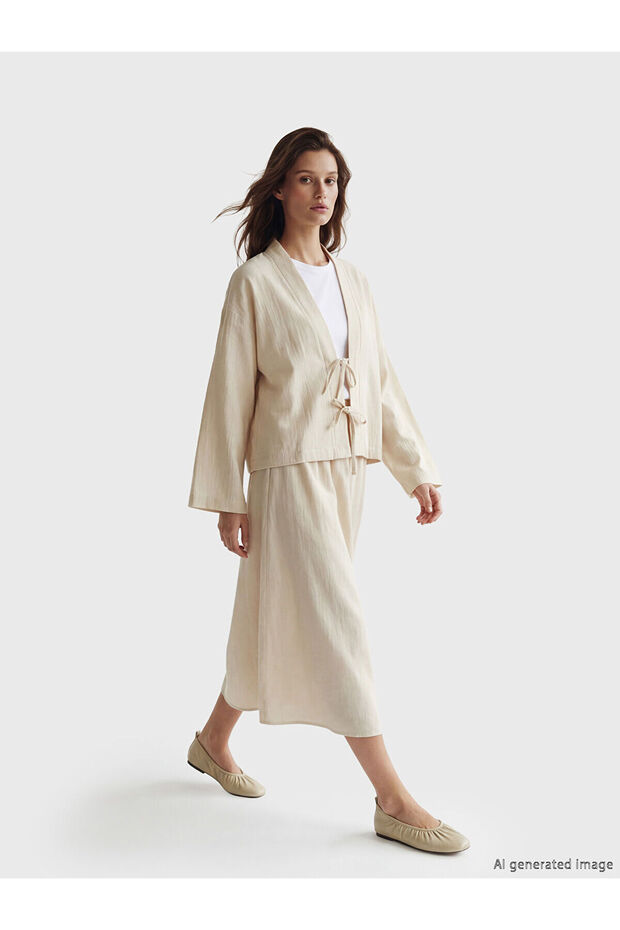 Beige Elastic Waist Textured Flared Skirt