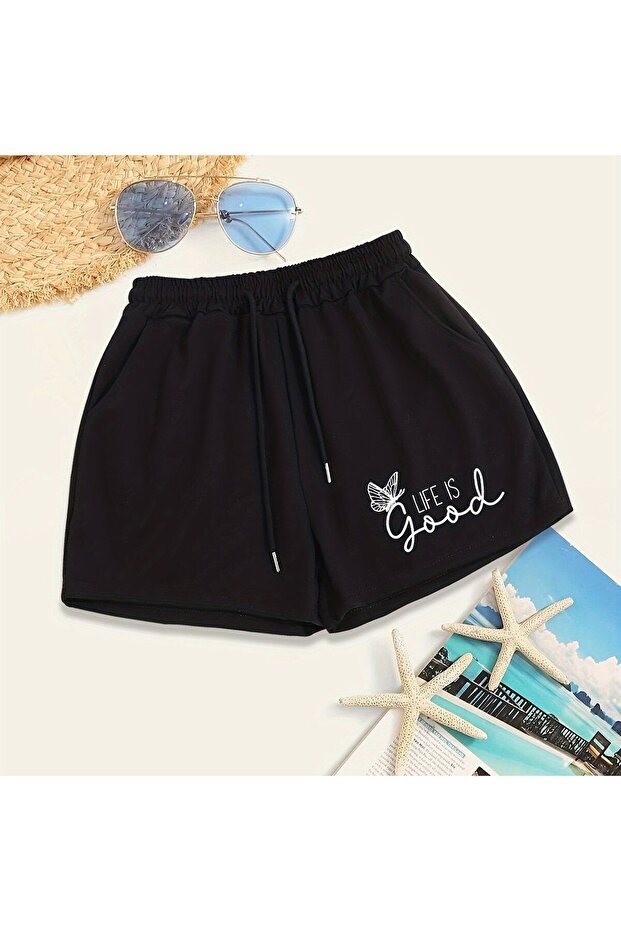 Hanangiyim Black Shorts Printed Comfortable Fit Elastic Waist Daily Sports Summer