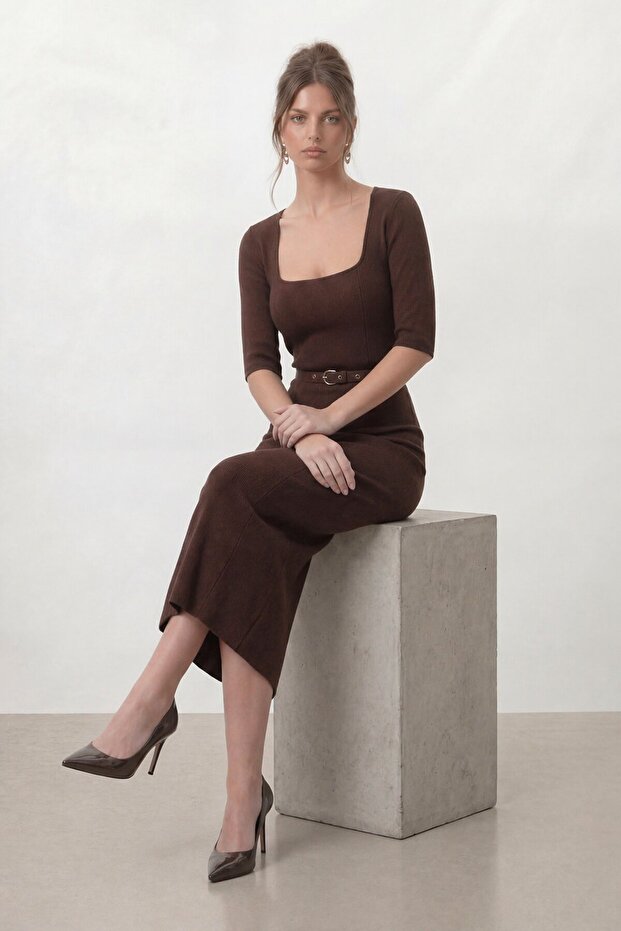 Square Neck Belt Detailed Half Sleeve Midi Dress