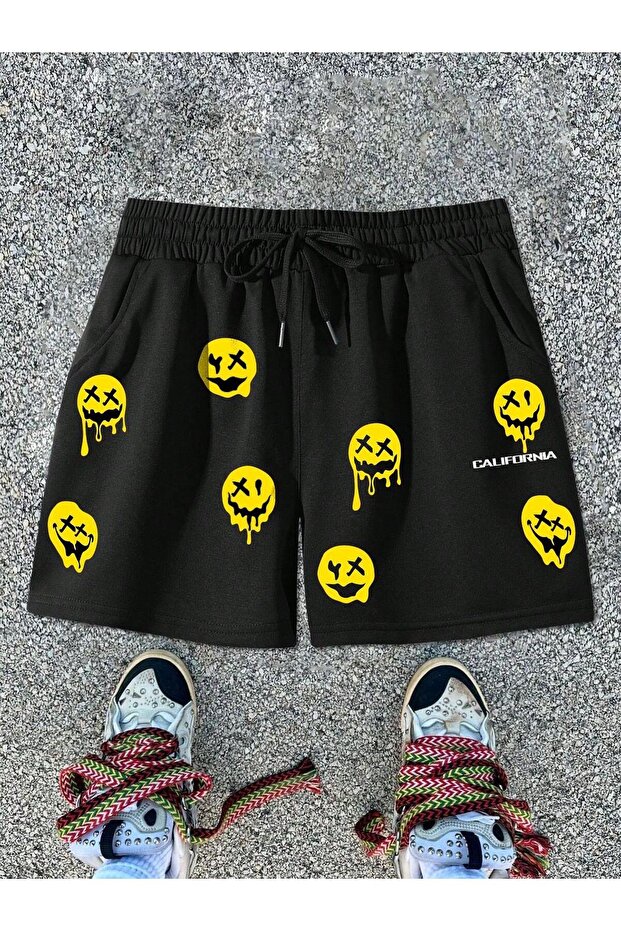 Hanangiyim Black Shorts Printed Comfortable Fit Elastic Waist Daily Sports Summer
