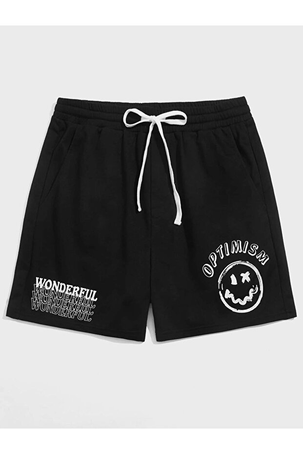 Hanangiyim Black Shorts Printed Comfortable Fit Elastic Waist Daily Sports Summer