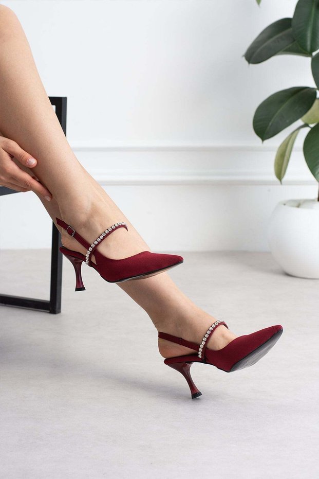 Lorwen Women's Heels with Front Strap and Stone Detail, Thin Heel Stiletto, Burgundy Satin