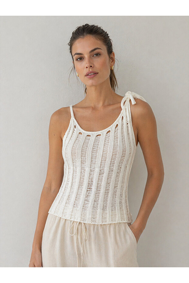Openwork Knitwear Athlete - Summer Stylish and Comfortable Women's Blouse with Tie Straps
