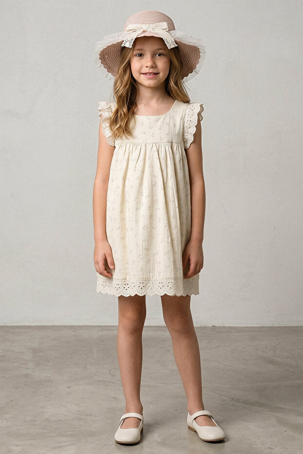 Floral Patterned Straw Hat and Linen Dress for Girls - 26Y 7285