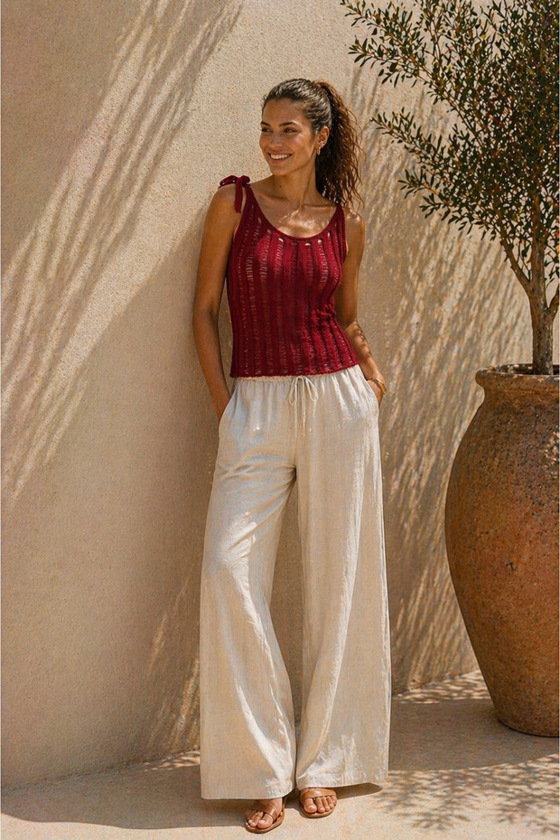 Openwork Knitwear Athlete - Summer Stylish and Comfortable Women's Blouse with Tie Straps