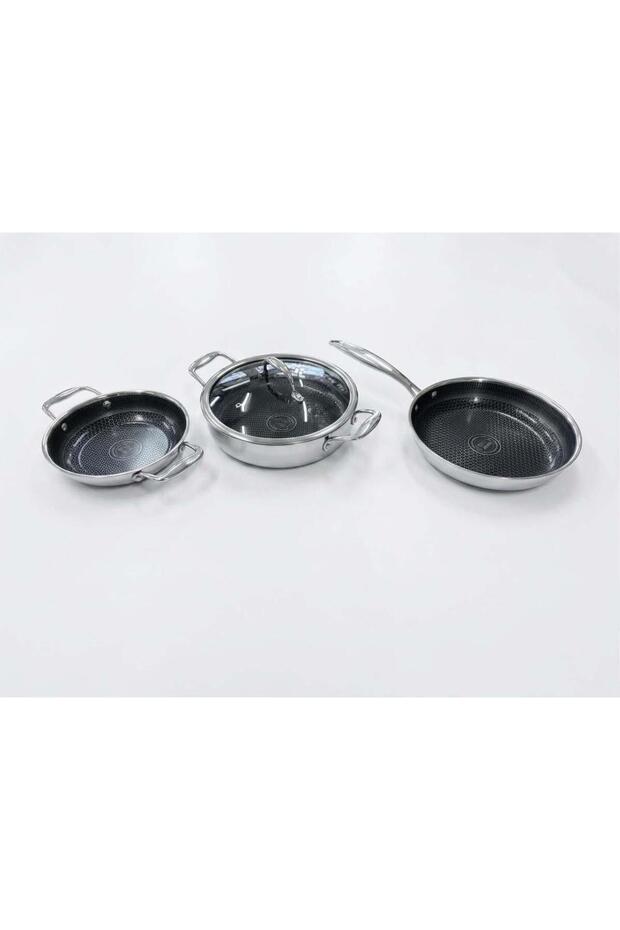 Professional Hybrid Stainless Steel 3-Piece Kitchen Set 24 cm Karnıyarık - 28 cm Frying Pan - 20 cm Sahan