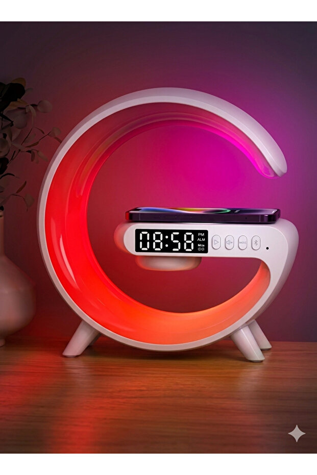 مصباح جو شاحن لاسلكي، مكبر صوت ذكي LED للطاولة يعمل بالبلوتوث، التحكم بالتطبيق
