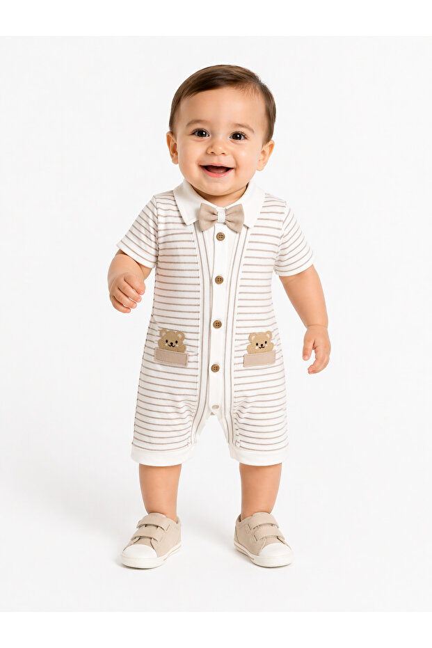 Baby Boy Striped Romper with Bow Tie and Teddy Bear 0-3 / 3-6 / 6-9 Months