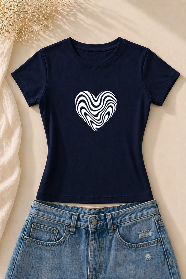 Women's Striped Heart Printed Short Sleeve Lycra Tight Body T-Shirt