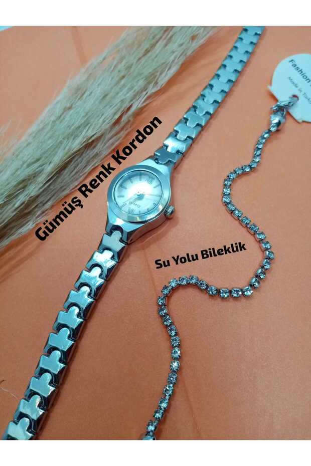 Minimal Design Women's Wristwatch - Round Model Silver Color Strap - with Waterway Bracelet