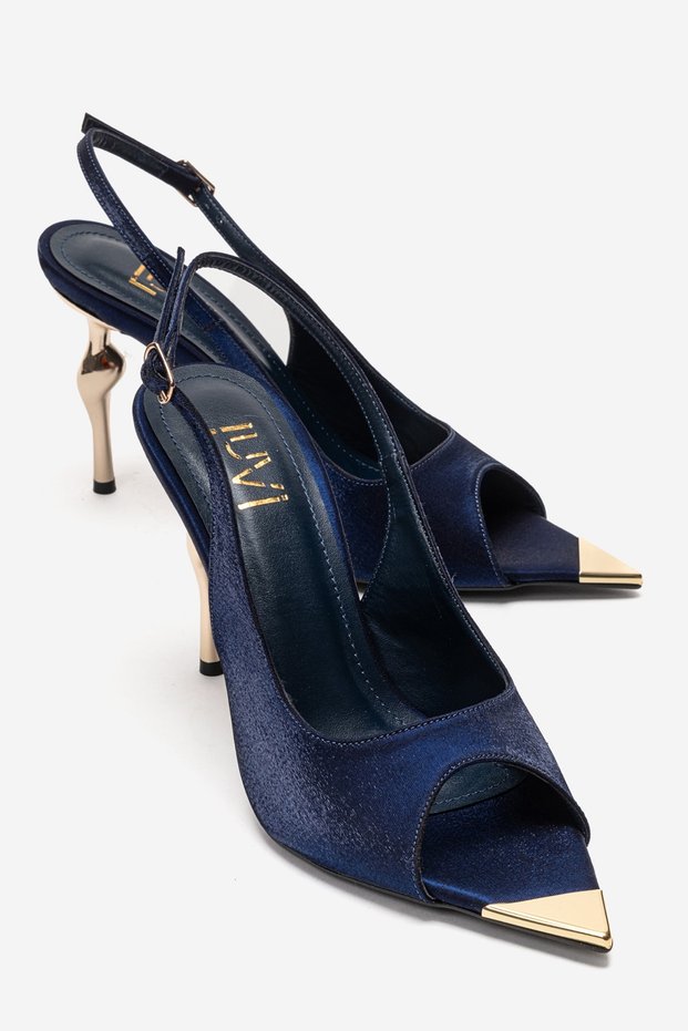 Amore Navy Blue Satin Metal Detailed Women's Heeled Shoes