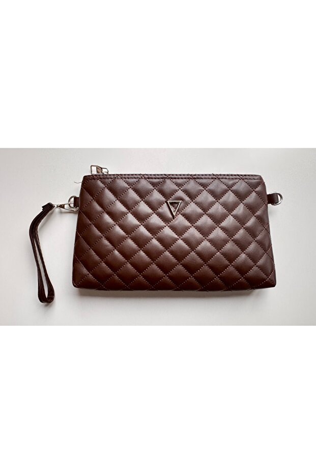 Portfolio Handbag with Wrist and Shoulder Strap - Bitter Brown Quilted Embroidered Clutch Bag