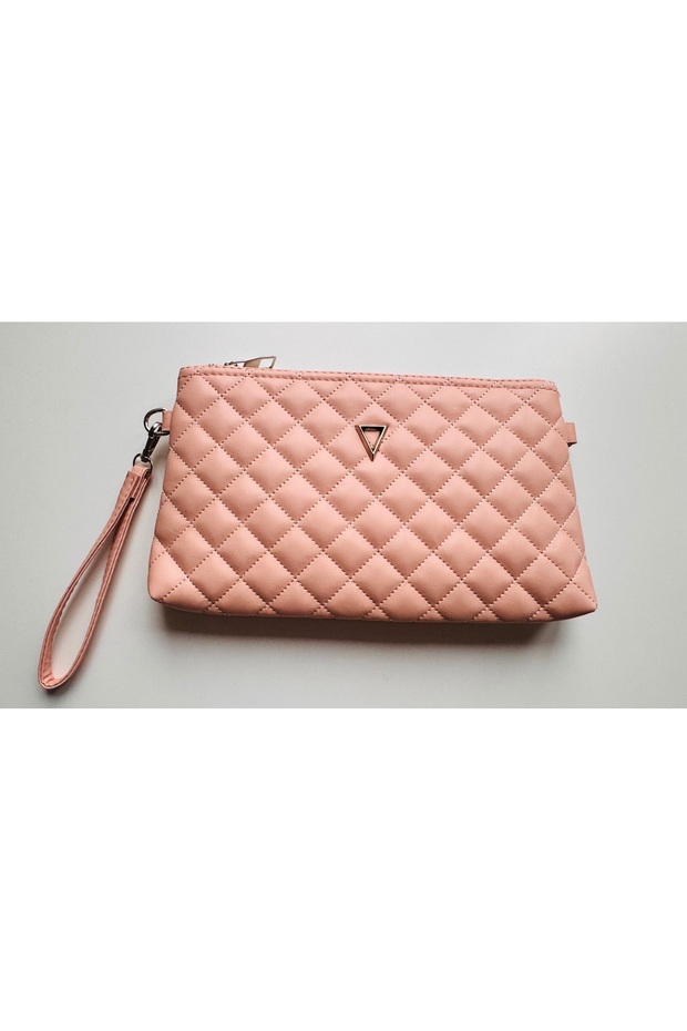 Portfolio Handbag with Wrist and Shoulder Strap - Pink Quilted Embroidered Clutch Bag