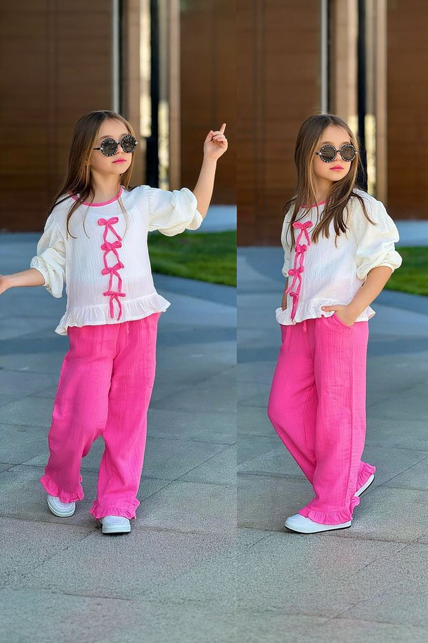 My Little One's Muslin Girls' Set with Bow Detail - Candy Pink