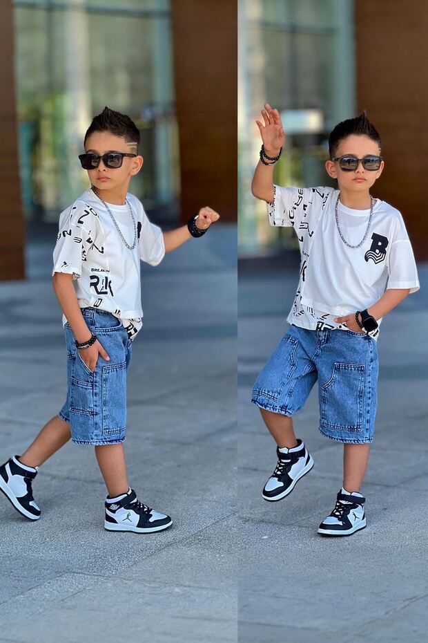 My Little Boy's Cicileri Printed Denim Shorts Boys' Set - Blue
