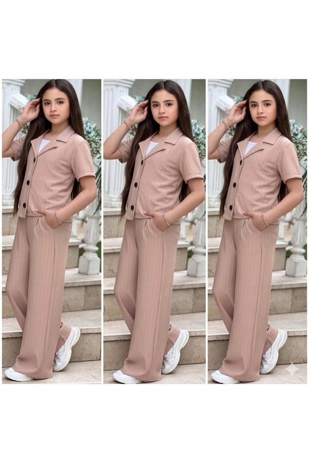 Stylish Version of the Sporty Style for Young Girls and Children, Set of Palazzo Pants + Blazer Jacket with Buttons