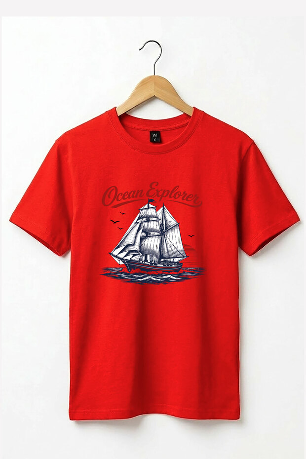 Unisex Vintage Sailing Ship Patterned Retro Ocean Explorer Ship Marine Printed Cotton Basic T-Shirt