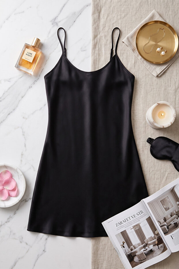Women's Black Satin Nightgown Thin Strap Mini Nightgown Set