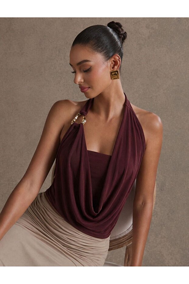 Halter Neck Draped Blouse with Gold Accessory Detail, Flowy and Stylish Women's Top 0093
