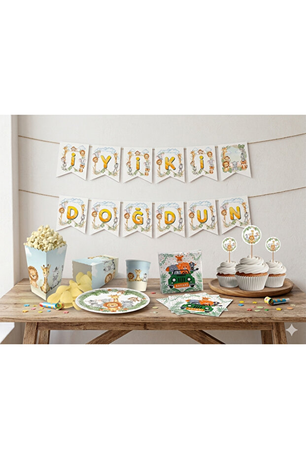 Safari Birthday Set for 8 People (Plate-Cup-Napkin-Corn Box-Toothpick-Banner)