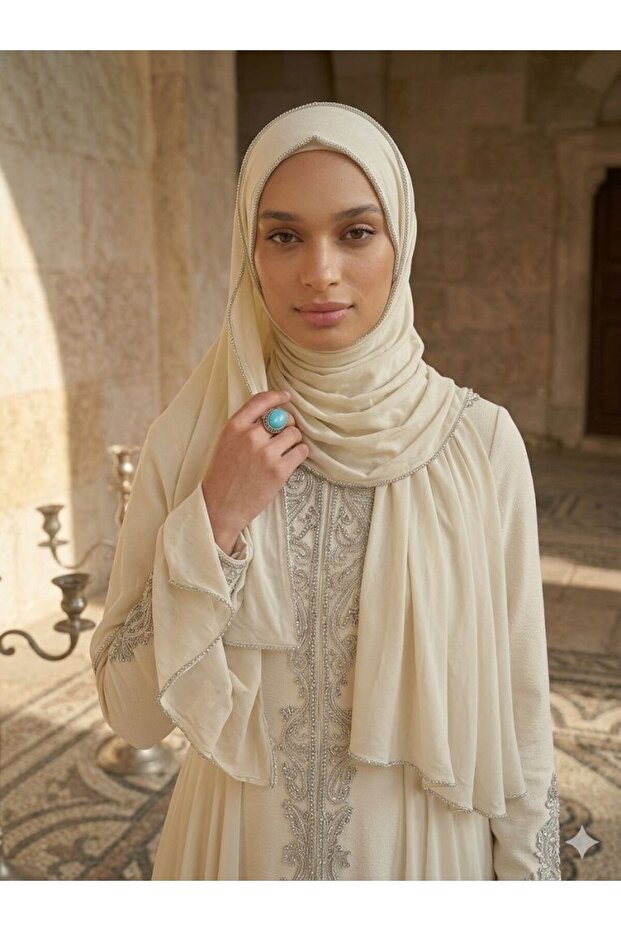Shiny Stone Decorated Combed Cotton Hijab Evening Dress Shawl