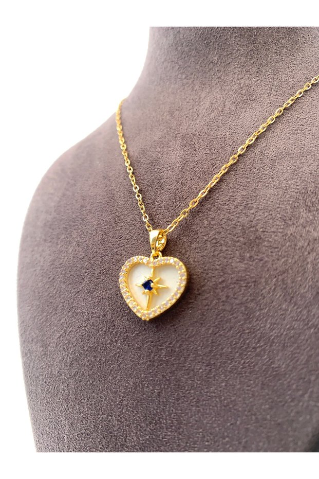 North Star Necklace with Heart for Women Steel Gold Color Crystal Framed