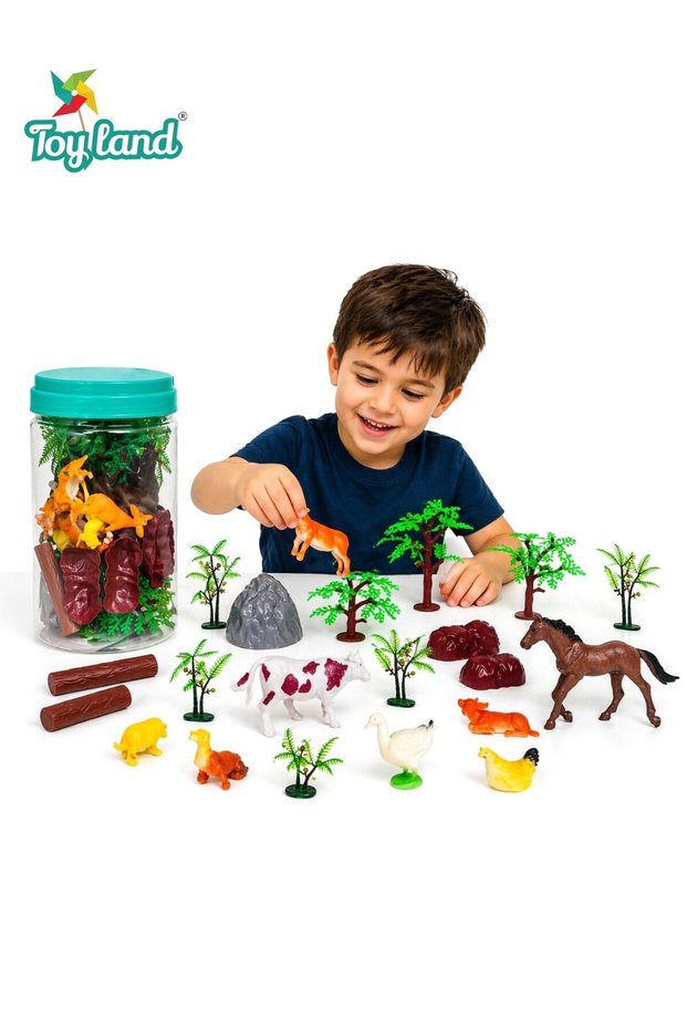 Kids Animal Playset with Trees, Farm Animals & Storage Bottle – Educational Toy Set for Imaginative Play
