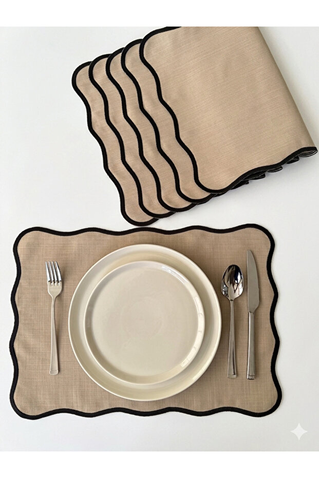 Pera Wavy Series Cappuccino Color Linen with Black Embroidered Edges, American Service, Supla