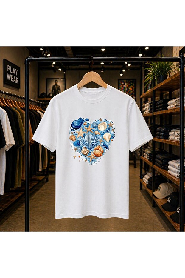 Sea Shells Heart Chest Printed 100% Cotton Oversize Loose Regular Fit Crew Neck T-Shirt