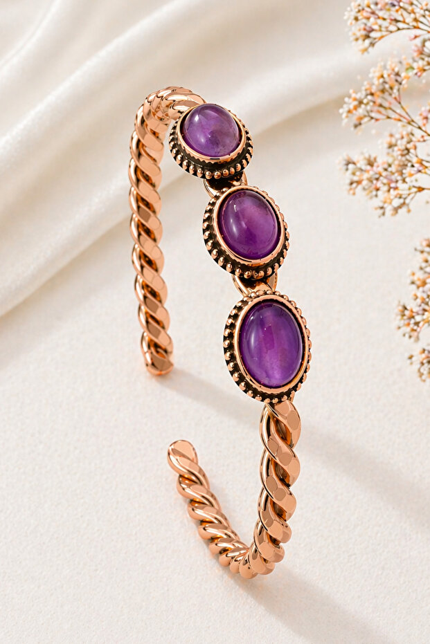 Three Rows of Dark Amethyst Stones Copper Bracelet for Women, Authentic Natural Stone, Handmade, Stylish Design