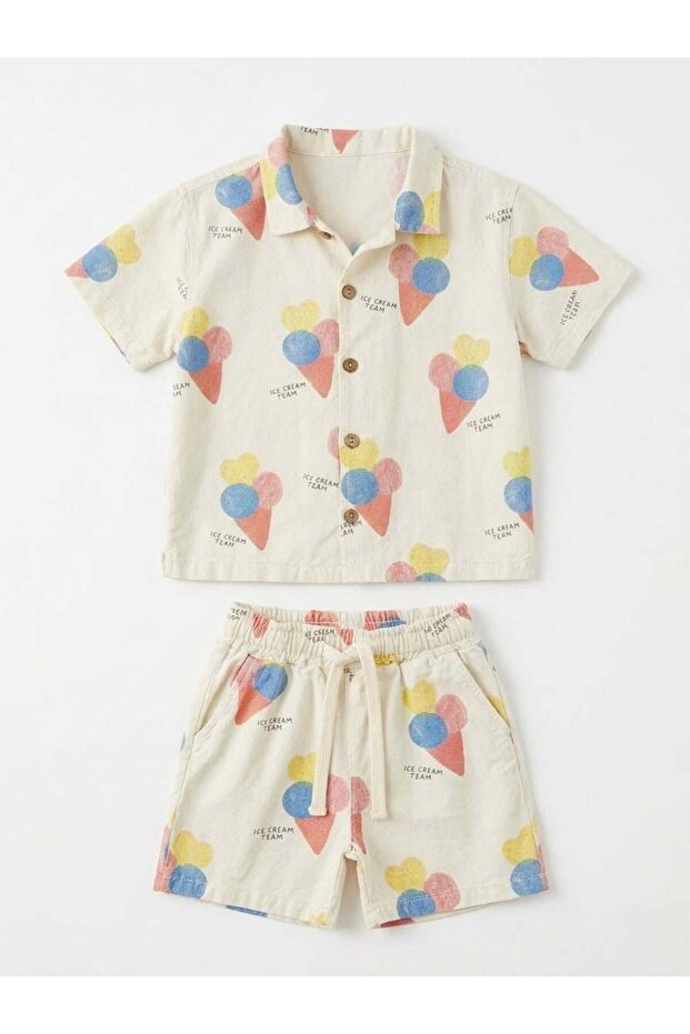 Girl's Ice Cream Patterned Linen Shorts and Shirt Set