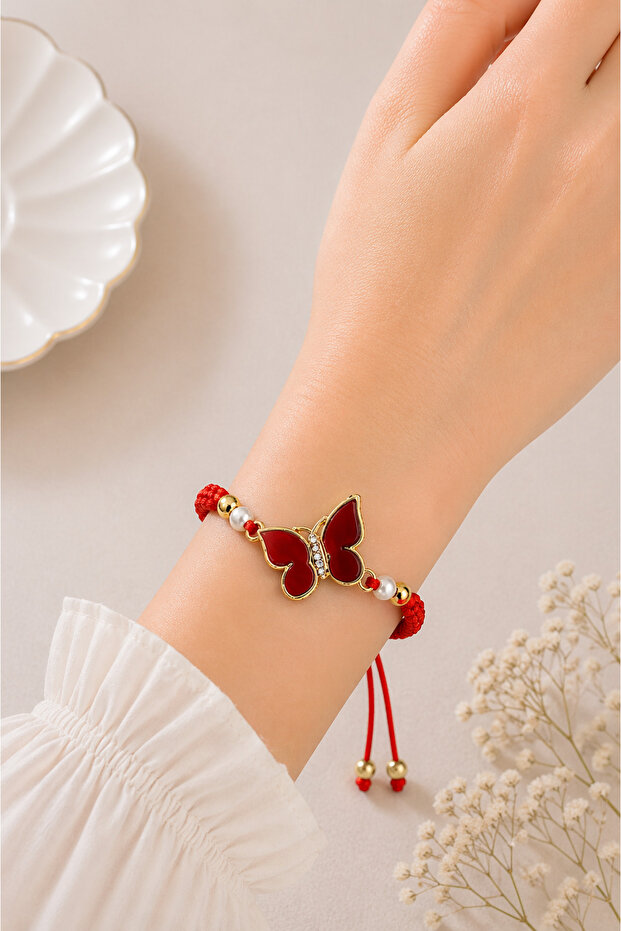 Butterfly Detailed Pink Rope Bracelet Adjustable Women's Bracelet