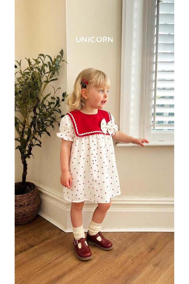 Girls' Muslin Heart-Embellished Dress with Special Collar