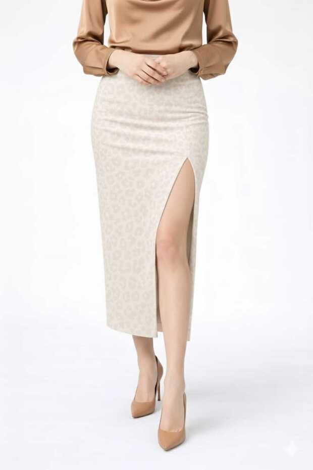 Leopard Patterned Slit Skirt with Elastic Waist in Lycra High Waist Midi Length Skirt