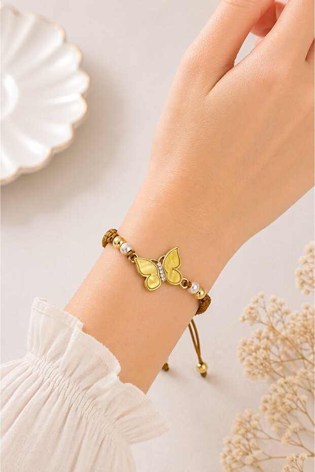 Butterfly Detailed Pink Rope Bracelet Adjustable Women's Bracelet