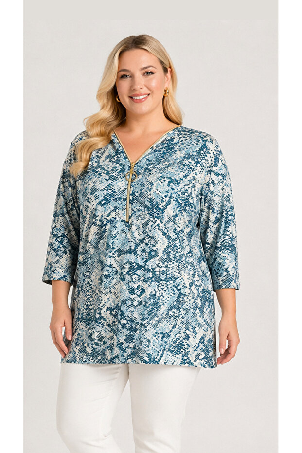 Large Size Women's Blue Patterned Gold Zipper Detailed Capricol Blouse