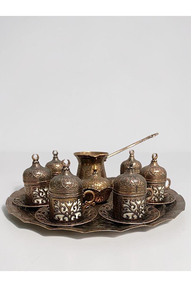 6-Person Ottoman Luxury Coffee Cup Set | Coffee Pot with Tray and Sugar Bowl | Engraved Metal Set